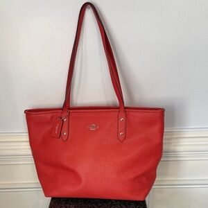 Coach Vibrant Red Top Zip 2 Strap Tote Bag L